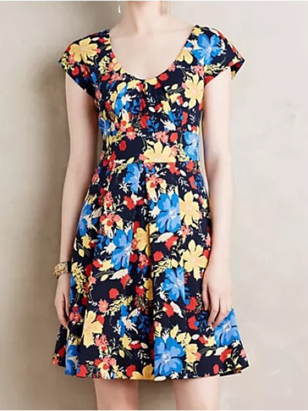 Tracy Reese Florrie Navy Floral Scoop-Neck Mini with Yellow, Blue and Red Blooms
